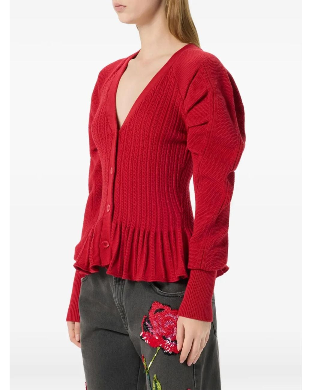 Blumarine Red Cable-Knit Peplum Cardigan