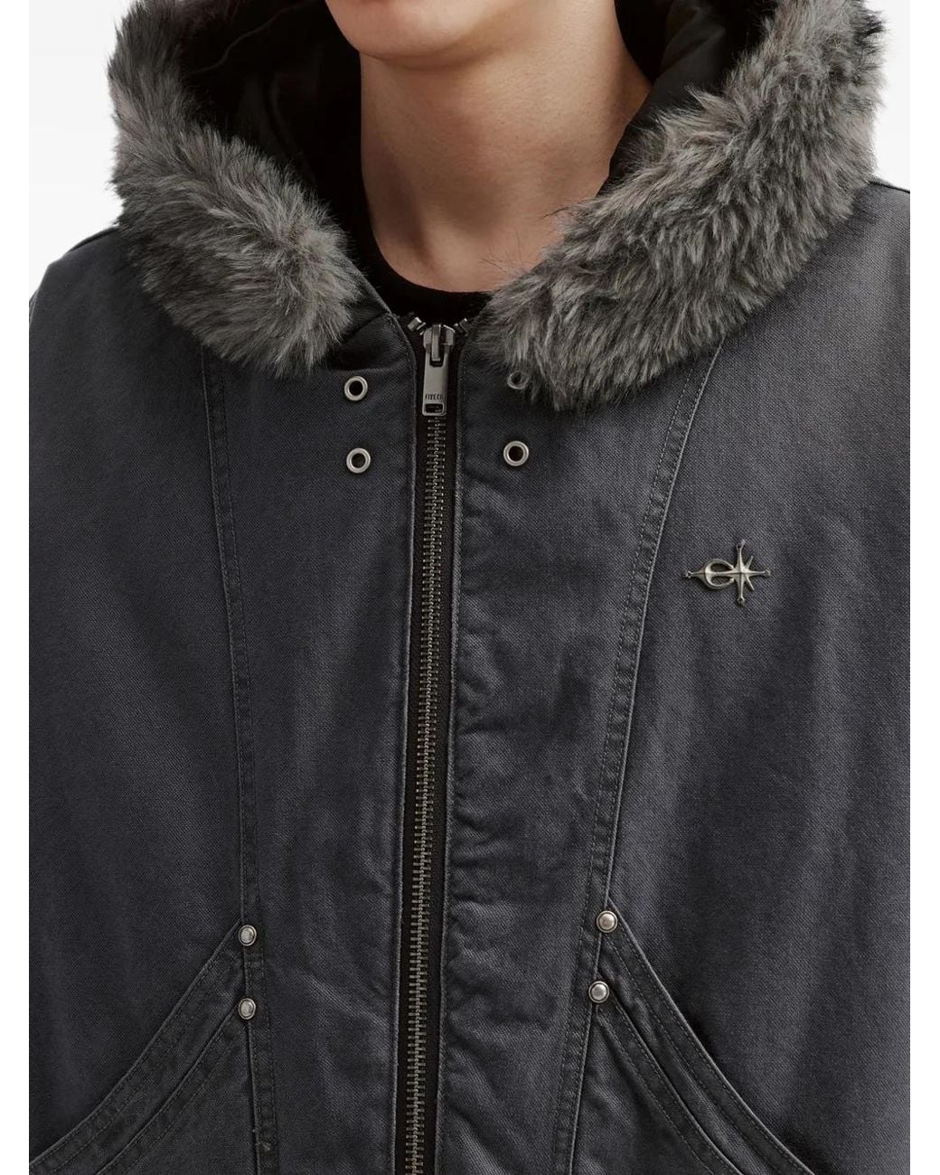 FIVE CM Black Faux-Fur Trim Hooded Jacket for men