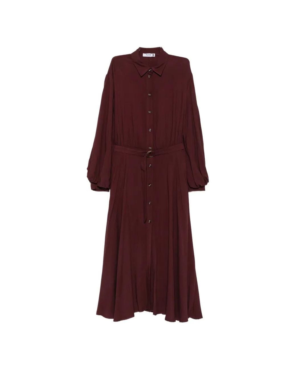 Please Red Belted Button-Down Midi Dress