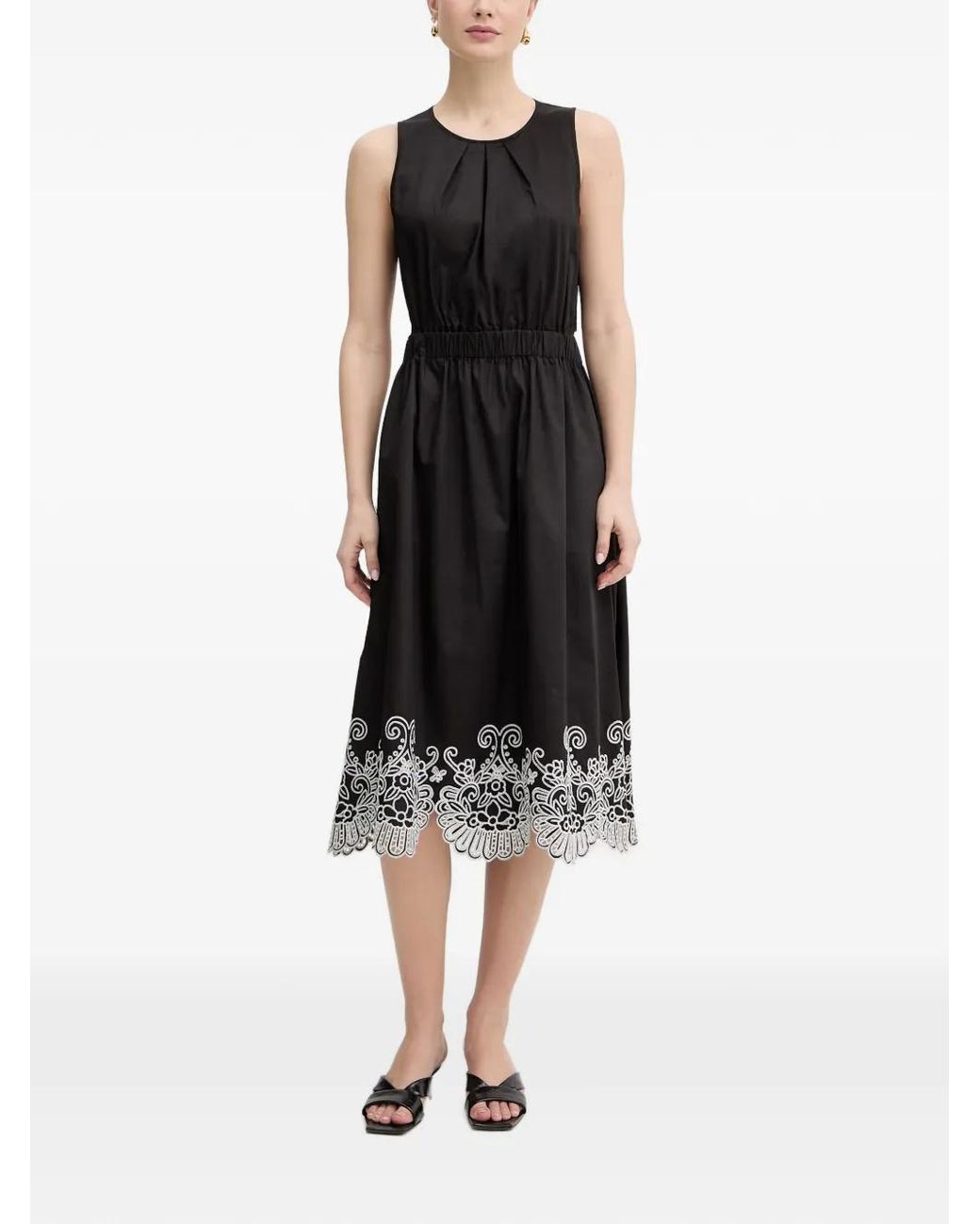 Fracomina Black Floral-Embroidery Midi Dress