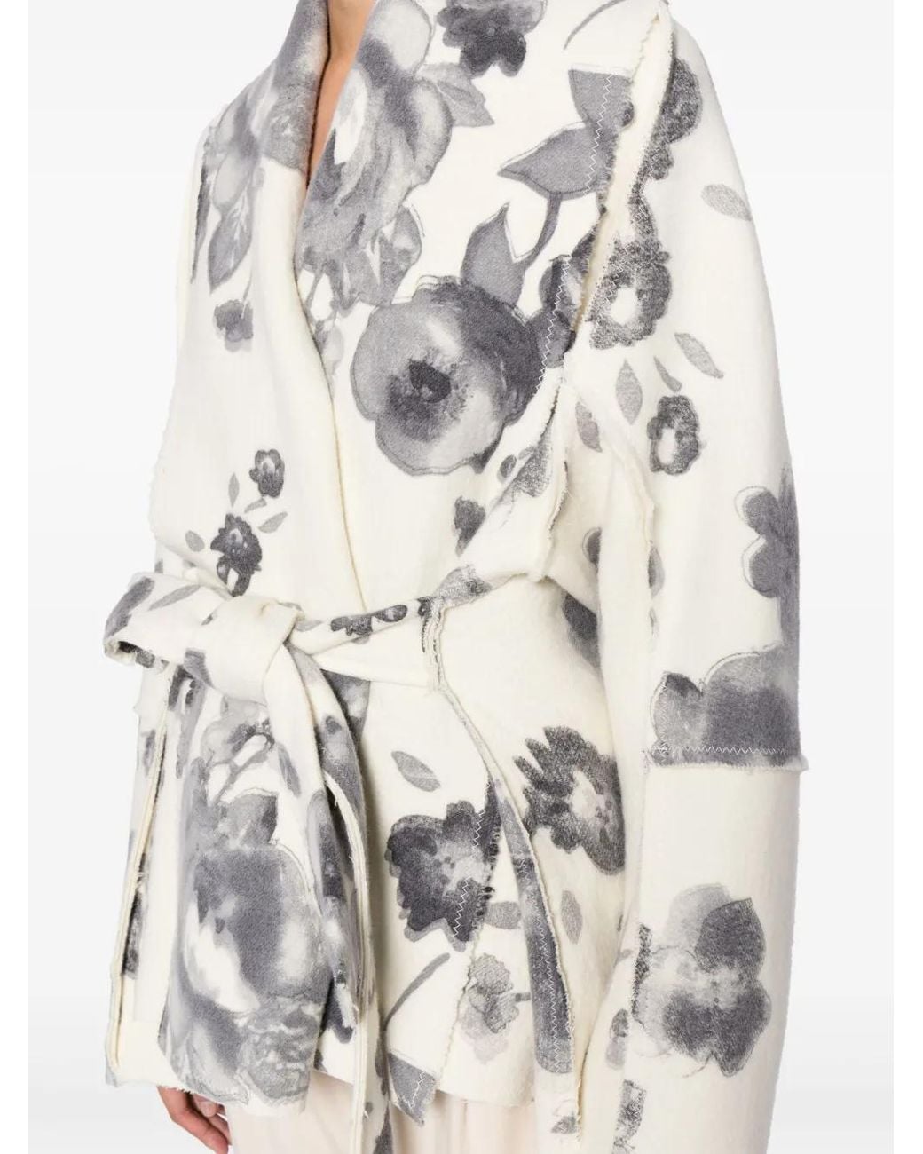 Forme D'expression White Floral-Print Belted Short Coat
