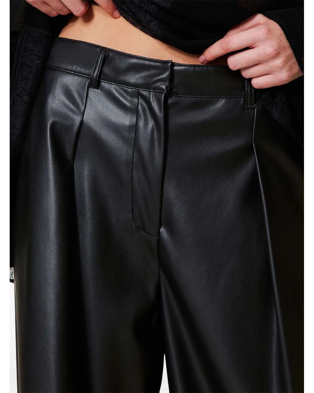 Twinset Black Wide-Leg Faux-Leather Trousers