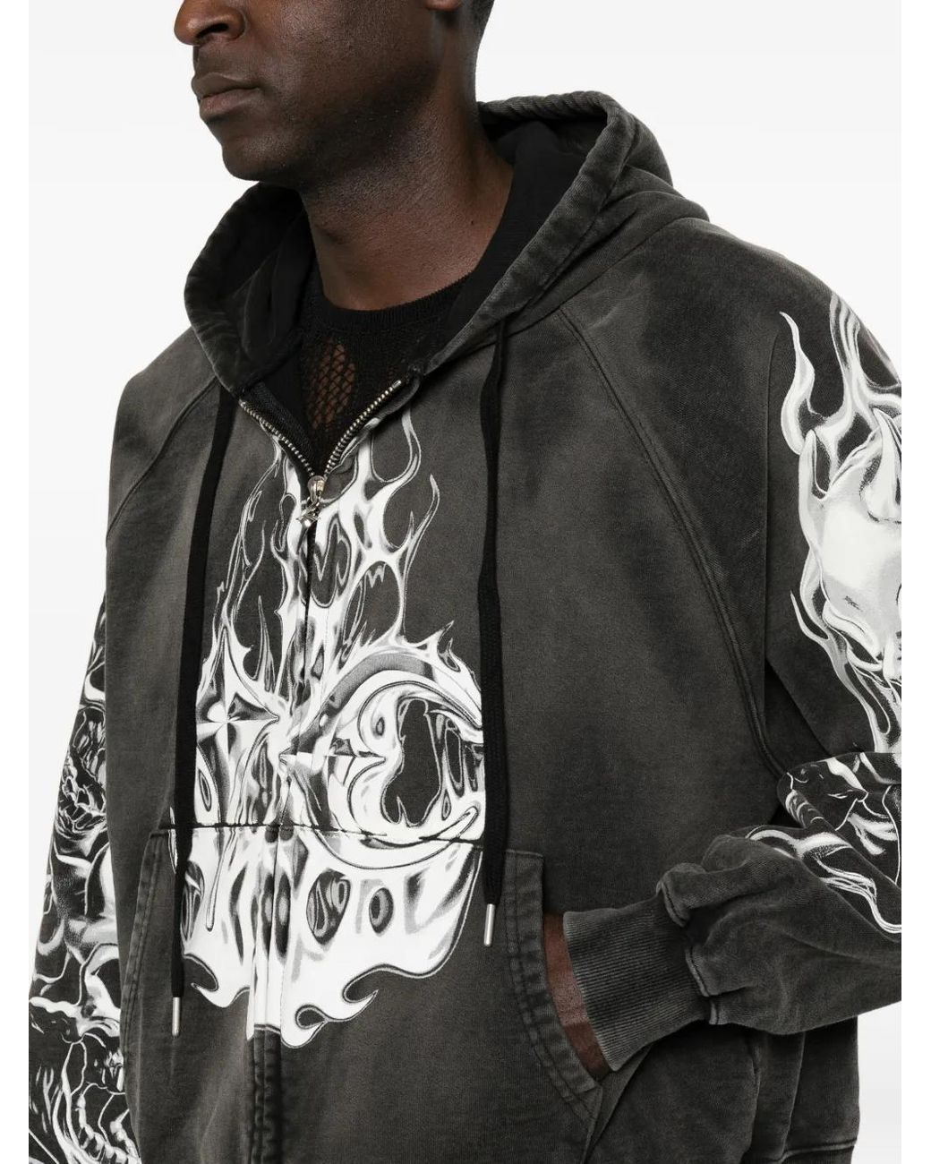 THUG CLUB Black Graphic-Print Zip-Up Hoodie for men