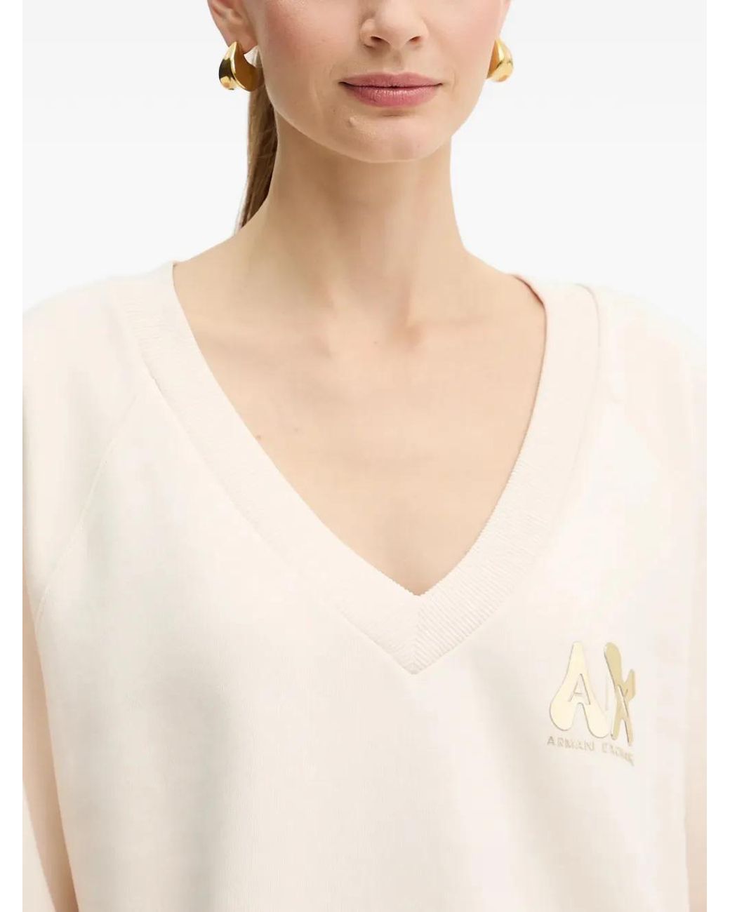 ARMANI EXCHANGE White V-Neck Logo-Plaque Sweatshirt