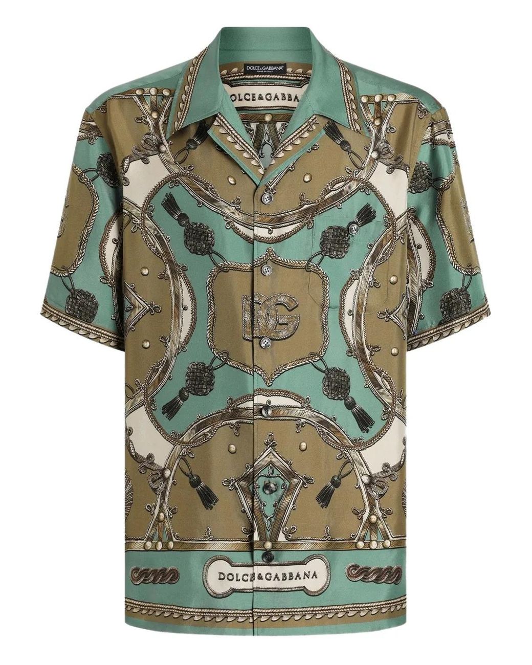 Dolce & Gabbana Green Cargo-Print Hawaii Washed Silk Twill Shirt for men