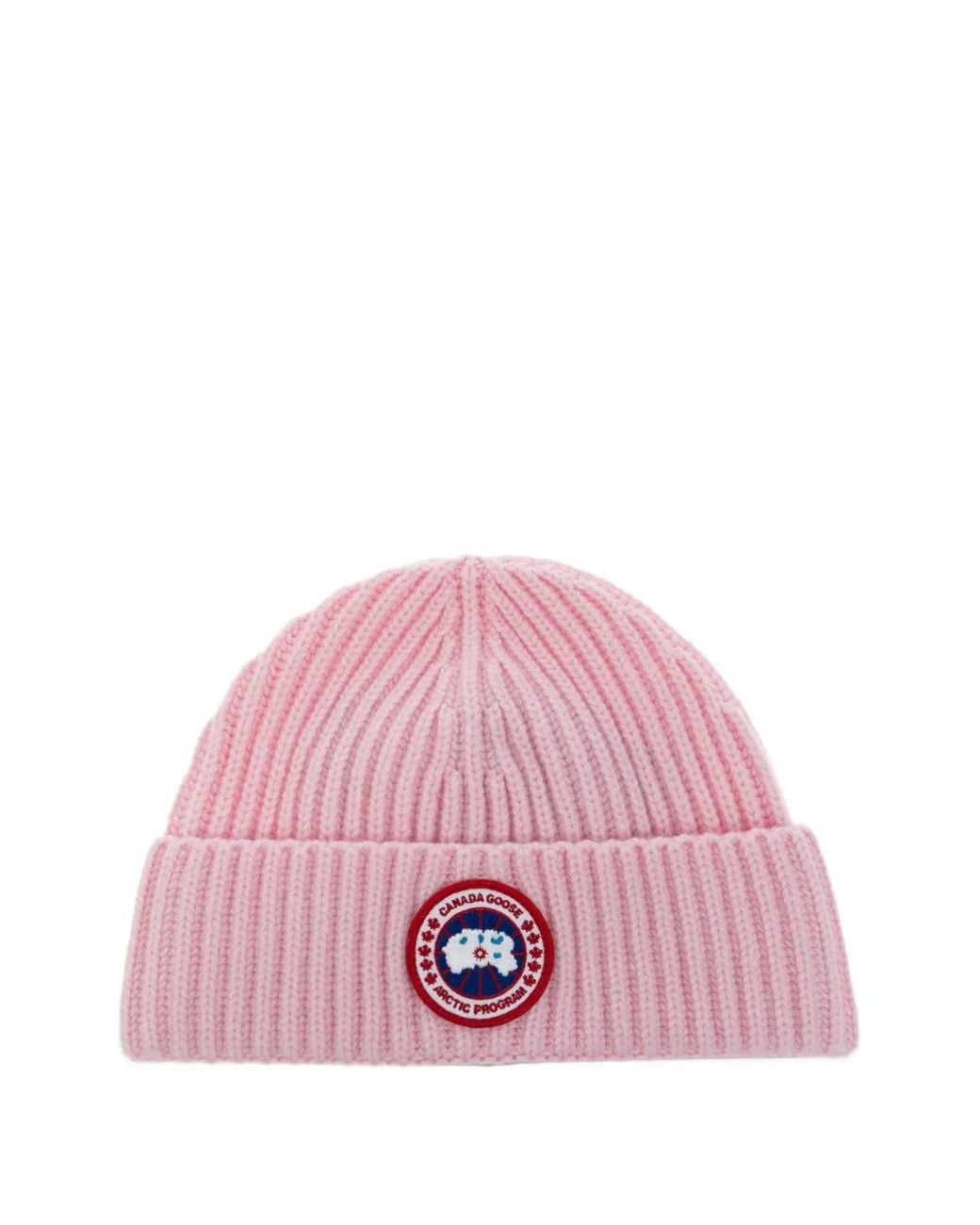 Canada Goose Pink Logo-Patch Ribbed-Knit Beanie Hat