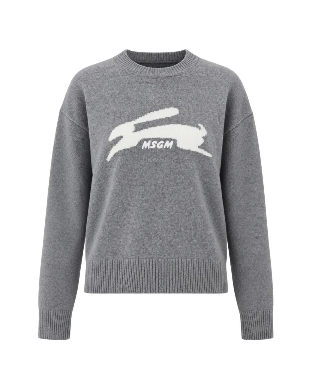 MSGM Gray Rabbit-Intarsia Crew-Neck Sweater