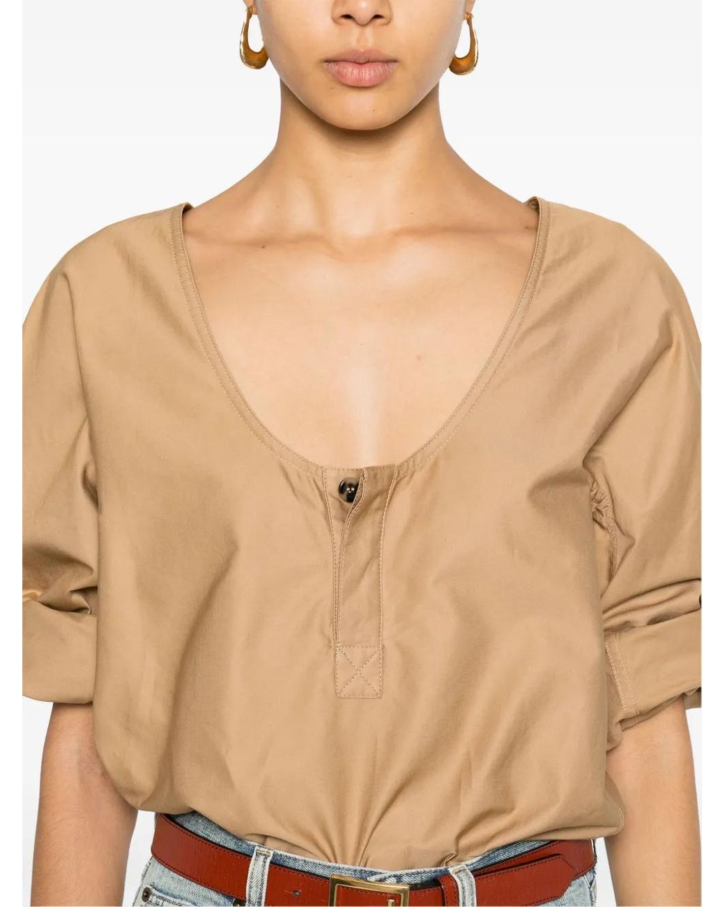 Saint Laurent Natural Henley Twill-Weave Blouse