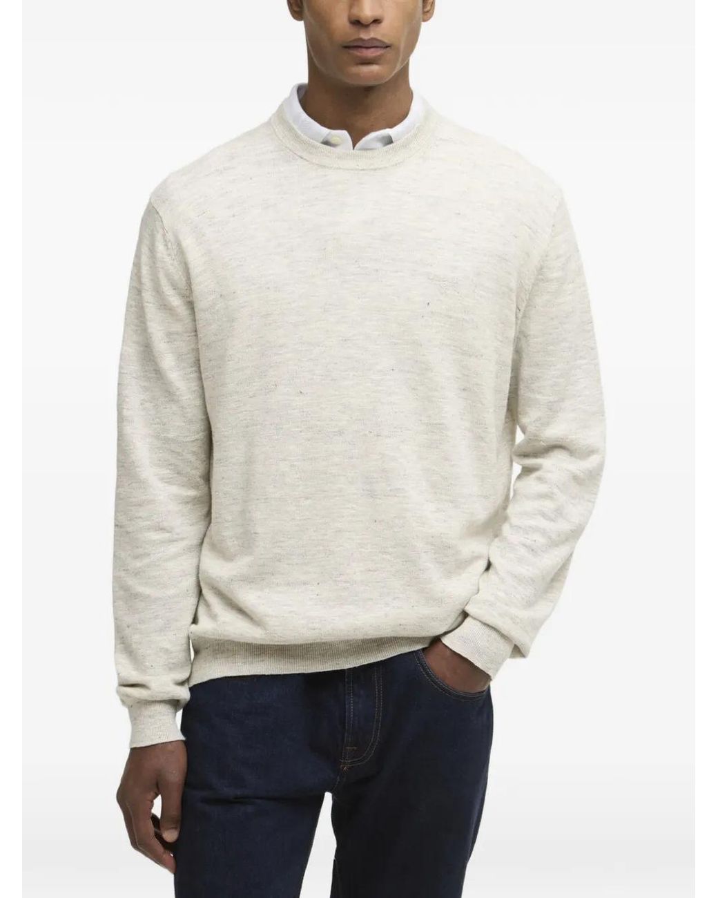 Barbour White Flaxby Linen Blend Crew Neck Sweater for men
