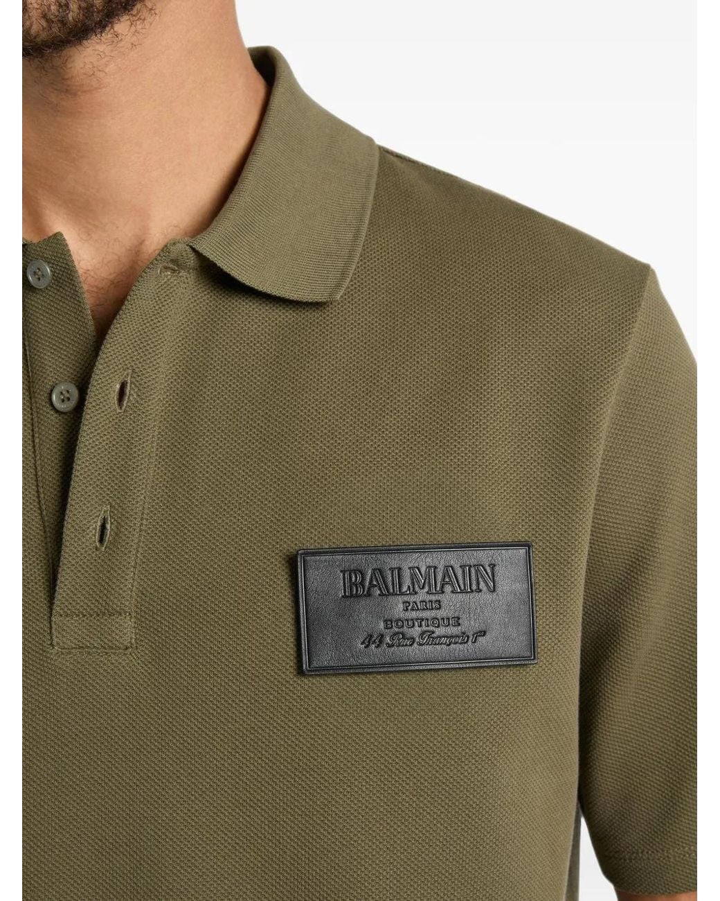 Balmain Green Cotton Polo Shirt With Leather Vintage Label for men