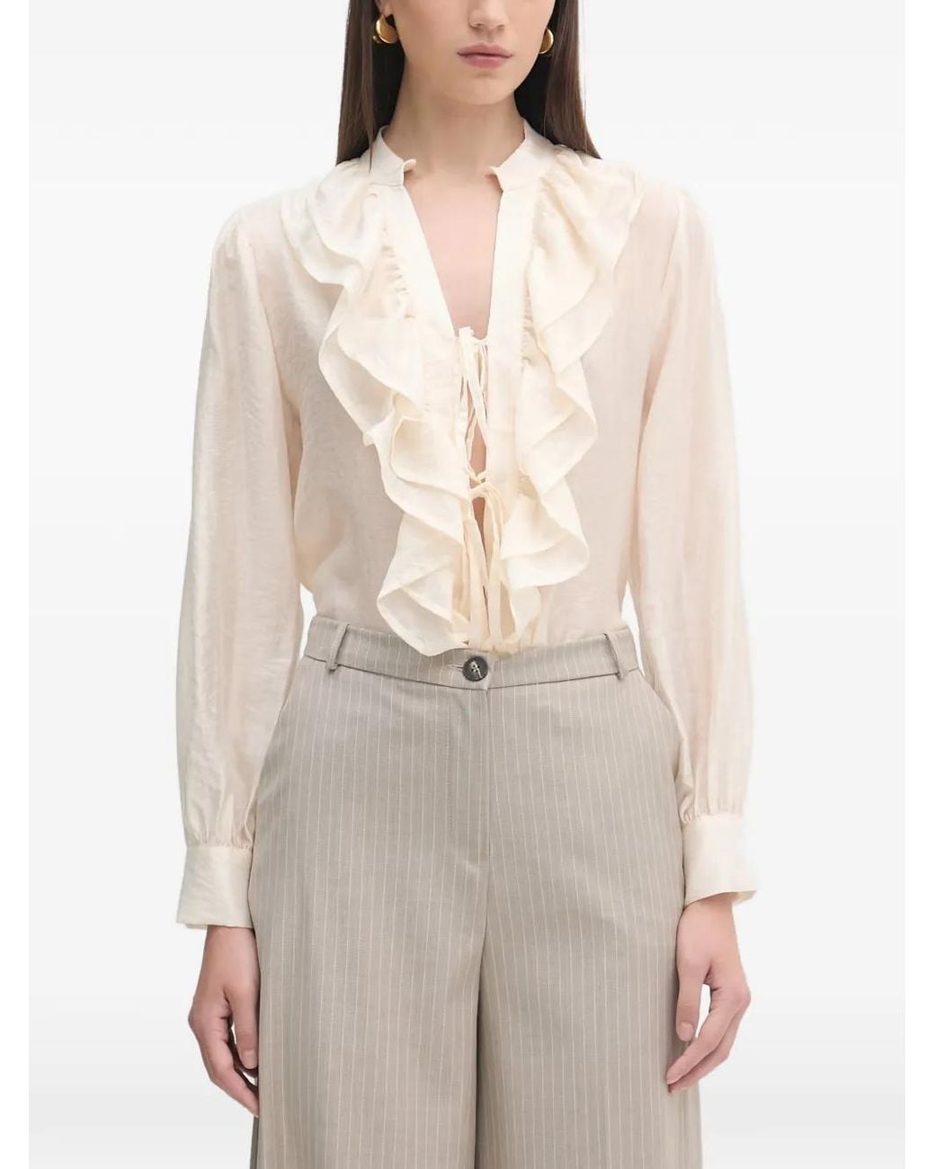 Haveone Natural Ruffled Front-Tie Blouse