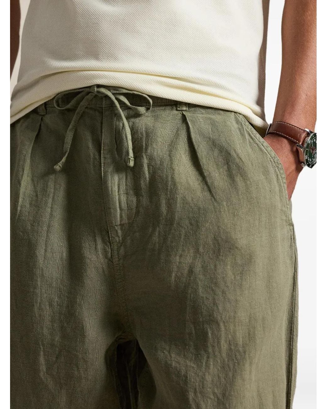 Polo Ralph Lauren Green Pleated Linen Trousers for men