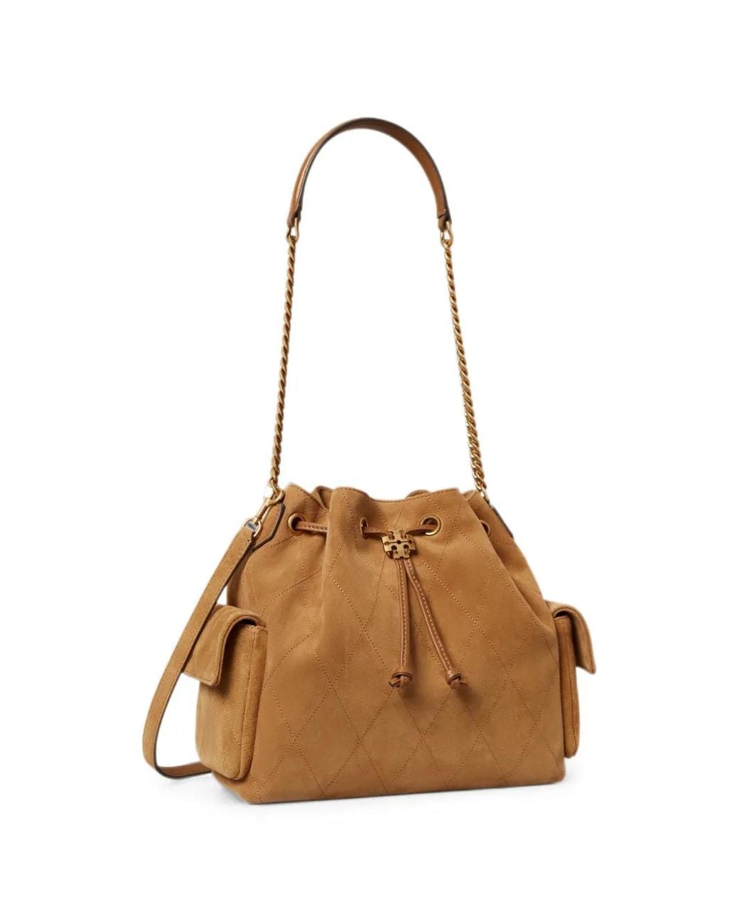 Tory Burch Natural Charlie Quilted Suede Drawstring Shoulder Bag