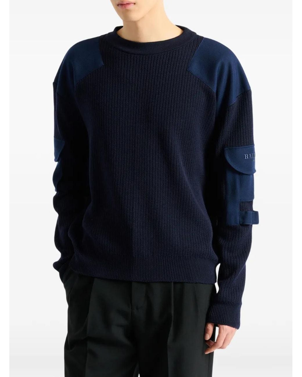 Balmain Blue Wool Vintage Utility Jumper for men
