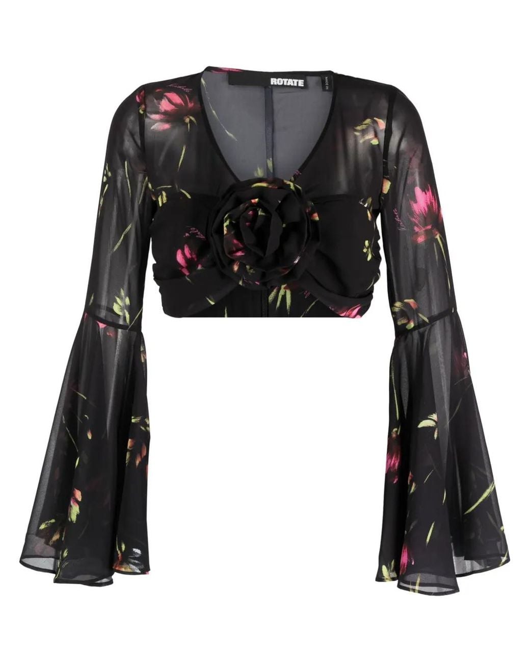 ROTATE BIRGER CHRISTENSEN Black Semi-Sheer Floral-Print Cropped Blouse