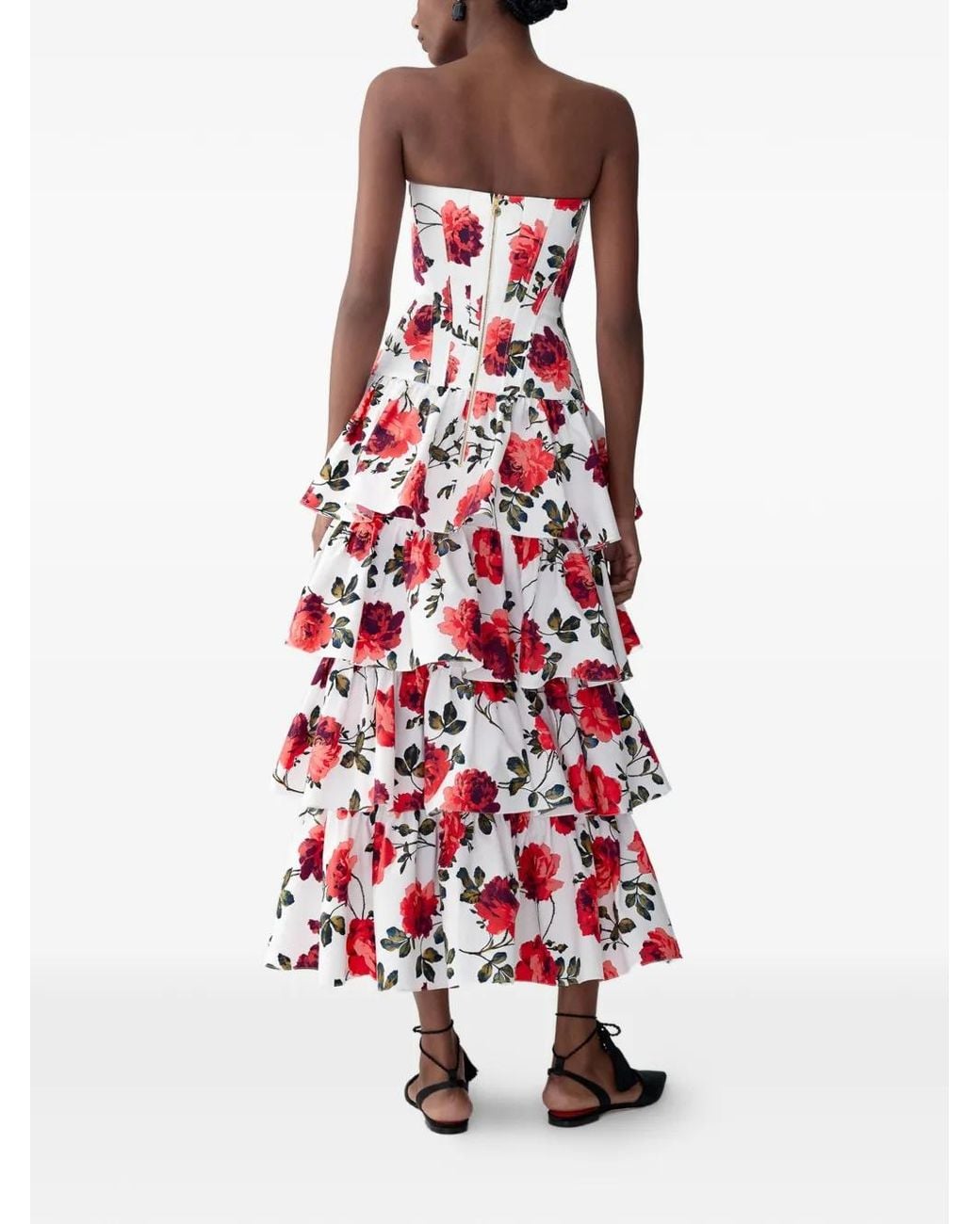 Carolina Herrera ローズプリント ティアードドレス Red