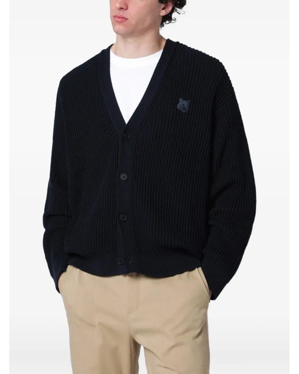 Maison Kitsuné Blue Fox Head Ribbed-Knit Cardigan for men