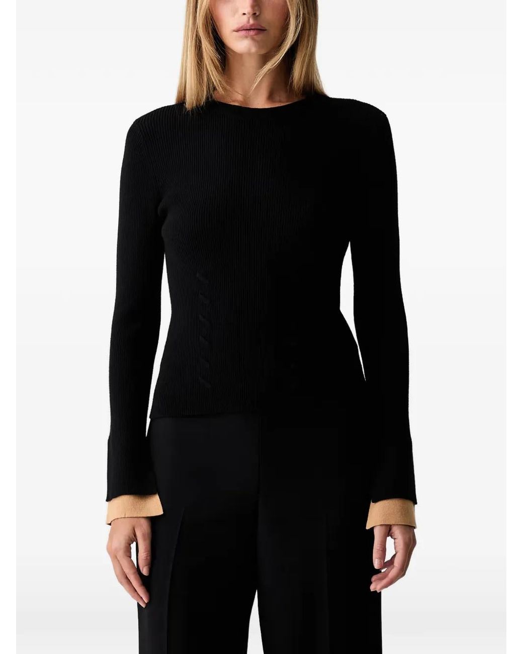 Twinset Black Ribbed-Knit Contrast-Cuff Sweater