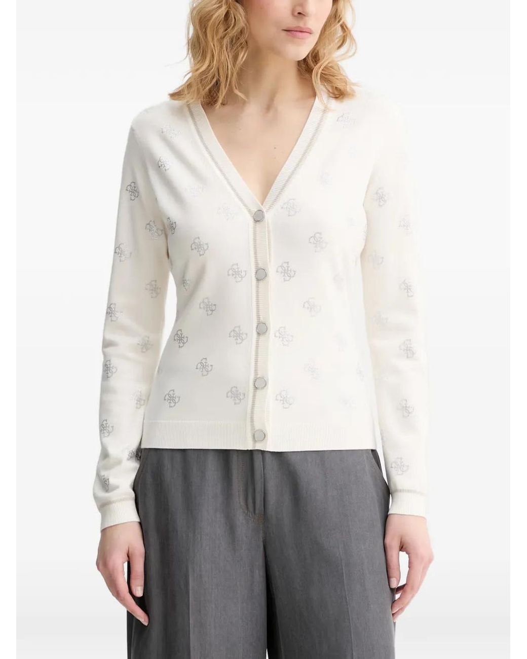 Guess White Crystal-Embellished Logo-Pattern Cardigan