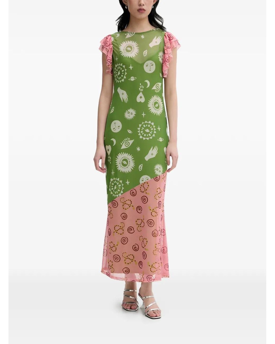 Never Fully Dressed Green Graphic-Print Ruffled Midi Dress