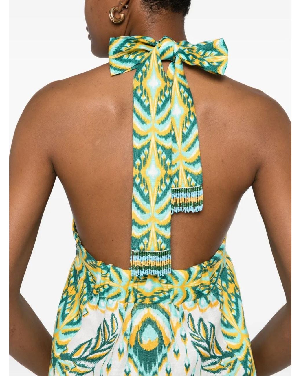 Farm Rio Green Tropical Tapestry Off- Halter Neck Dress