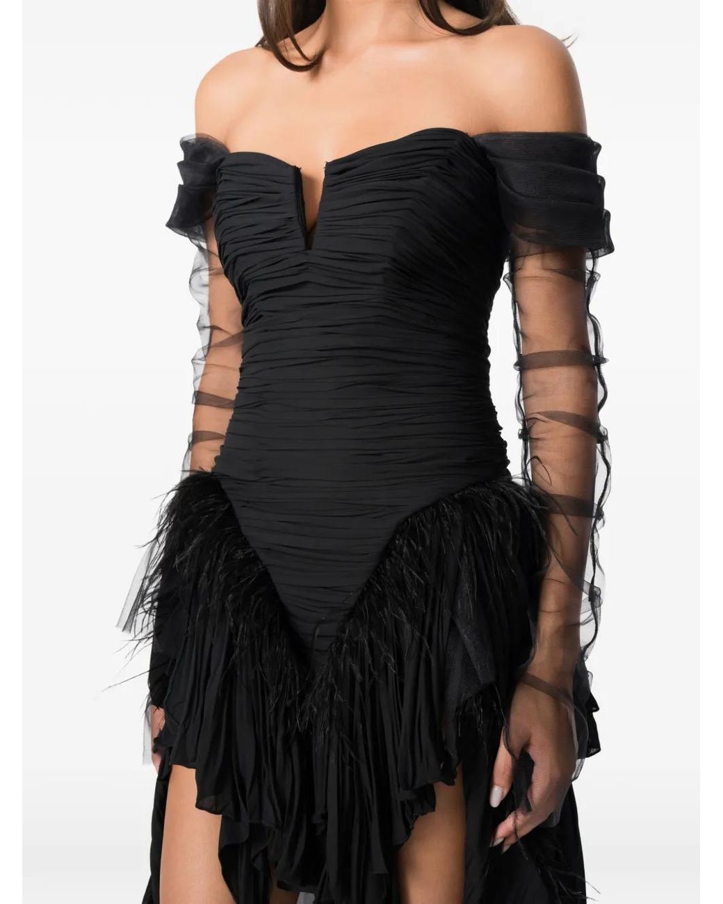 NORINA ST Black Diada Feather-Trim Asymmetric Dress