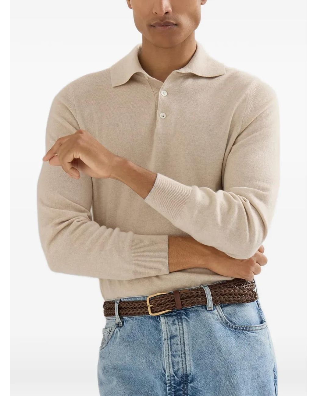 Brunello Cucinelli White Cashmere Knit Polo Shirt for men