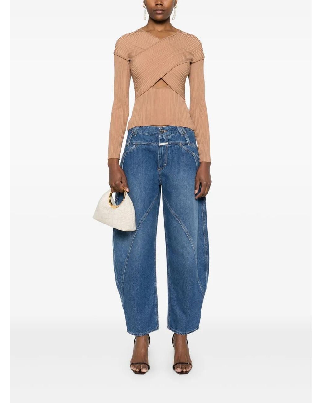 Self-Portrait Natural Ribbed Knit Wrap Top