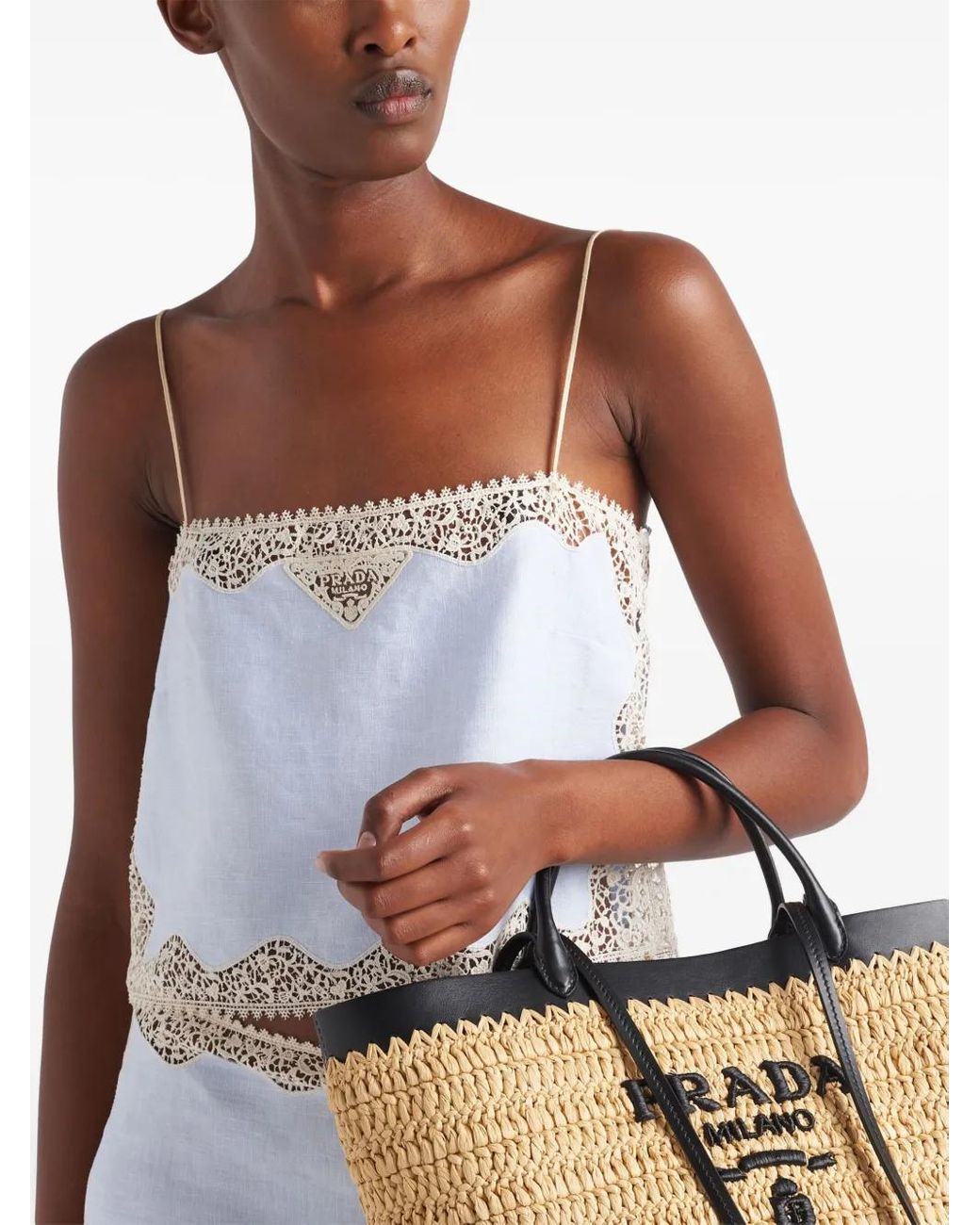 プラダ PRADA 35487 1BX9 トップス Prada Lace-Trimmed Linen Top in Blue | Lyst