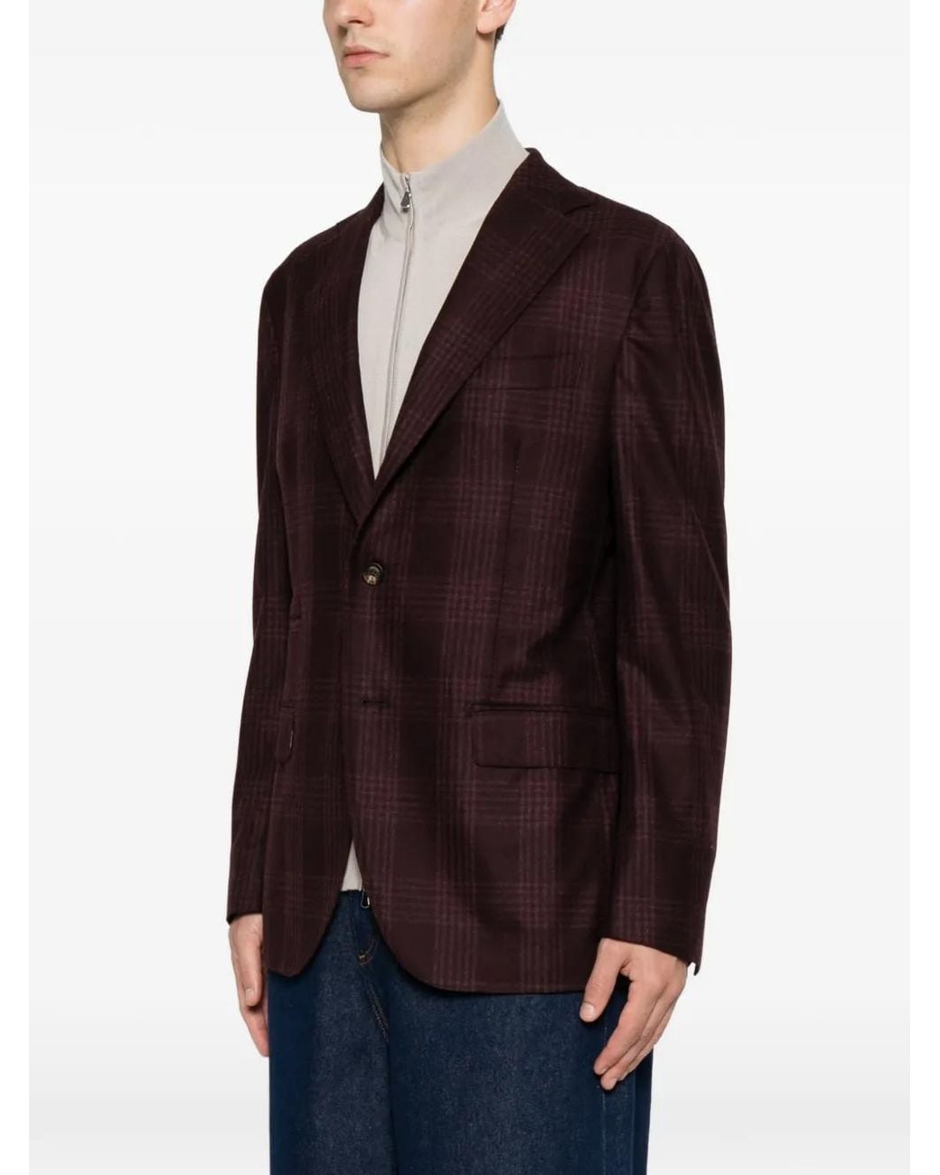 Eleventy Purple Check-Pattern Notched-Lapels Blazer for men