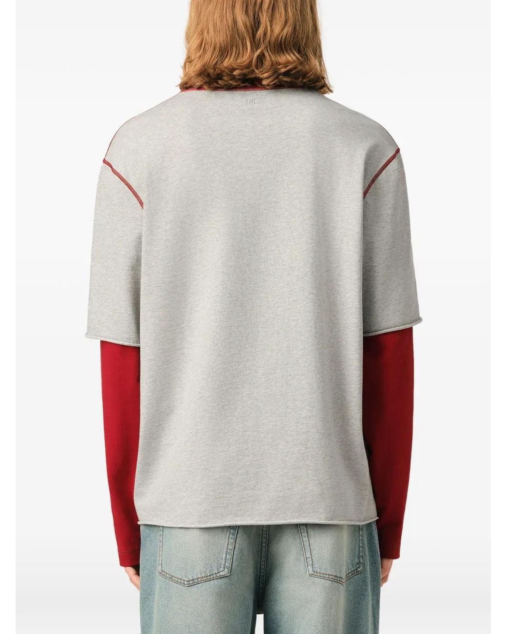 AMI Red T-Shirt En Coton À Manches Doubles Avec Patch Ami for men