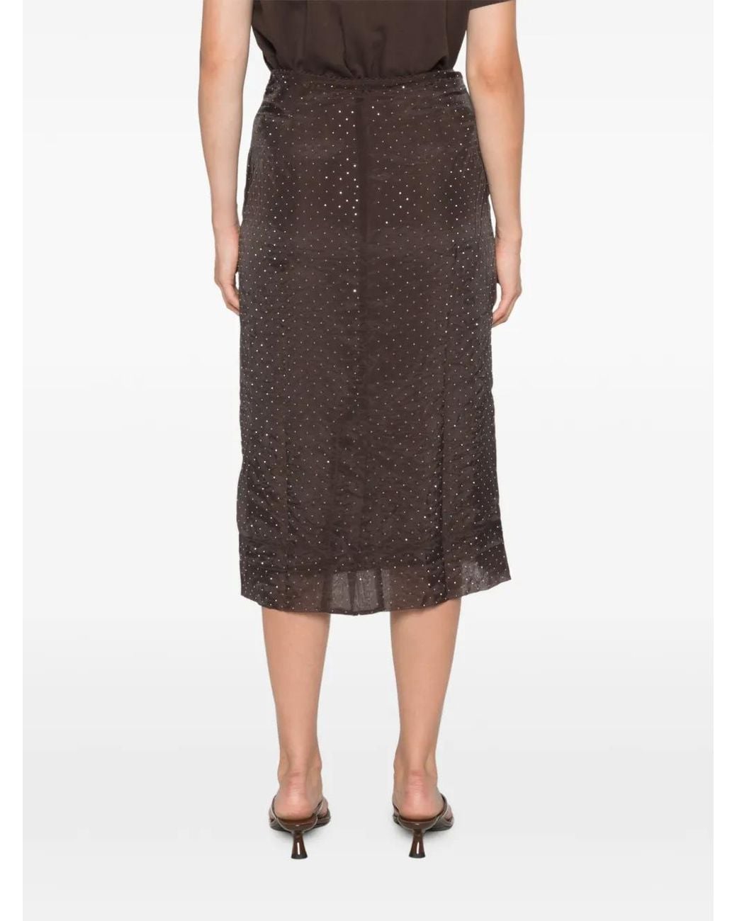 Maje Brown Rhinestone-Embellished Crinkled Midi Skirt