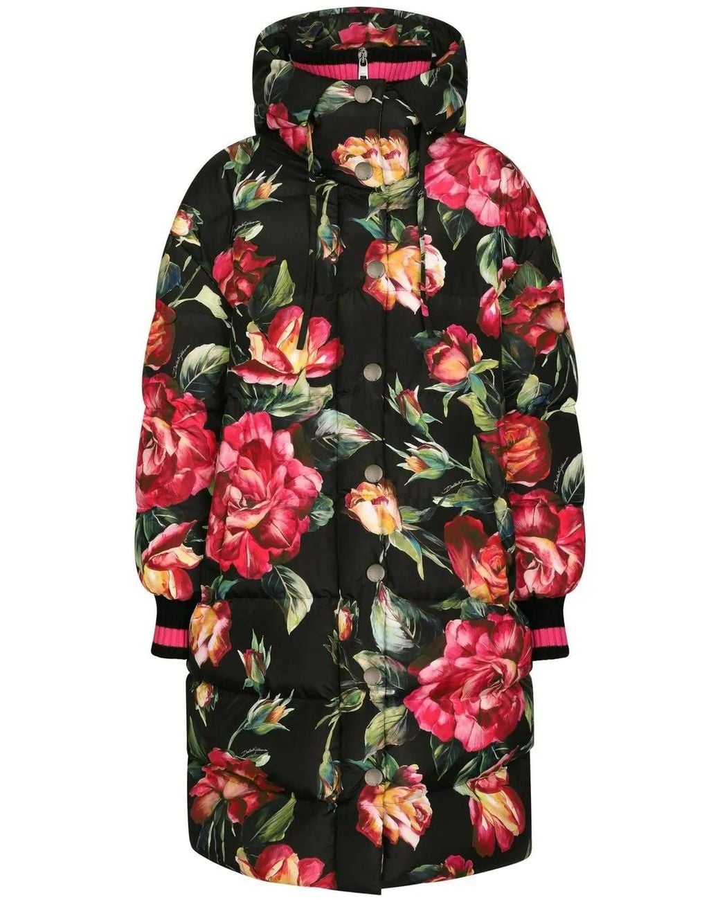 Dolce & Gabbana Red Long Nylon Down Jacket With Rose Print