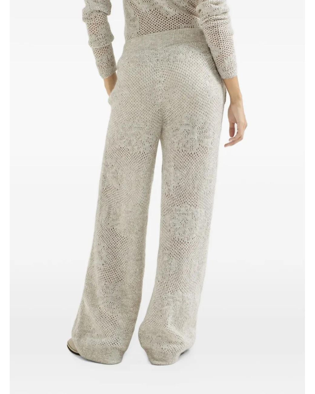 Brunello Cucinelli White Lace-flowers Knit Track Trousers In Sparkling Mohair And Virgin Wool