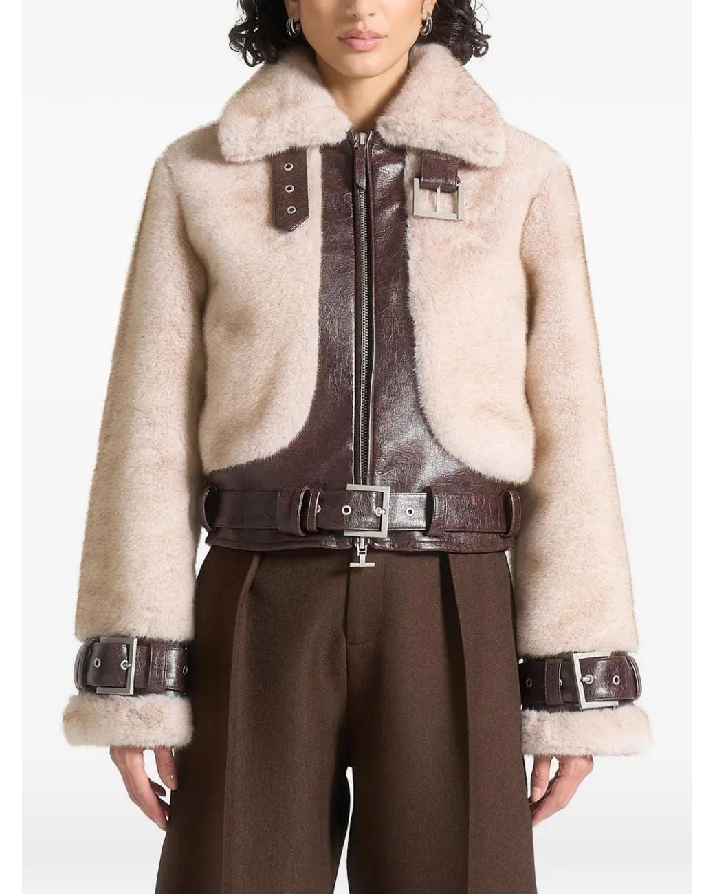 Manière De Voir Brown Deya Plush & Faux Leather Belted/ Jacket
