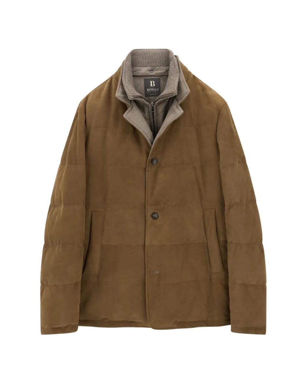 Boggi Brown Jacket Padded With Goose Down, Removable Genuine Leather Mélange Flannel Bib for men