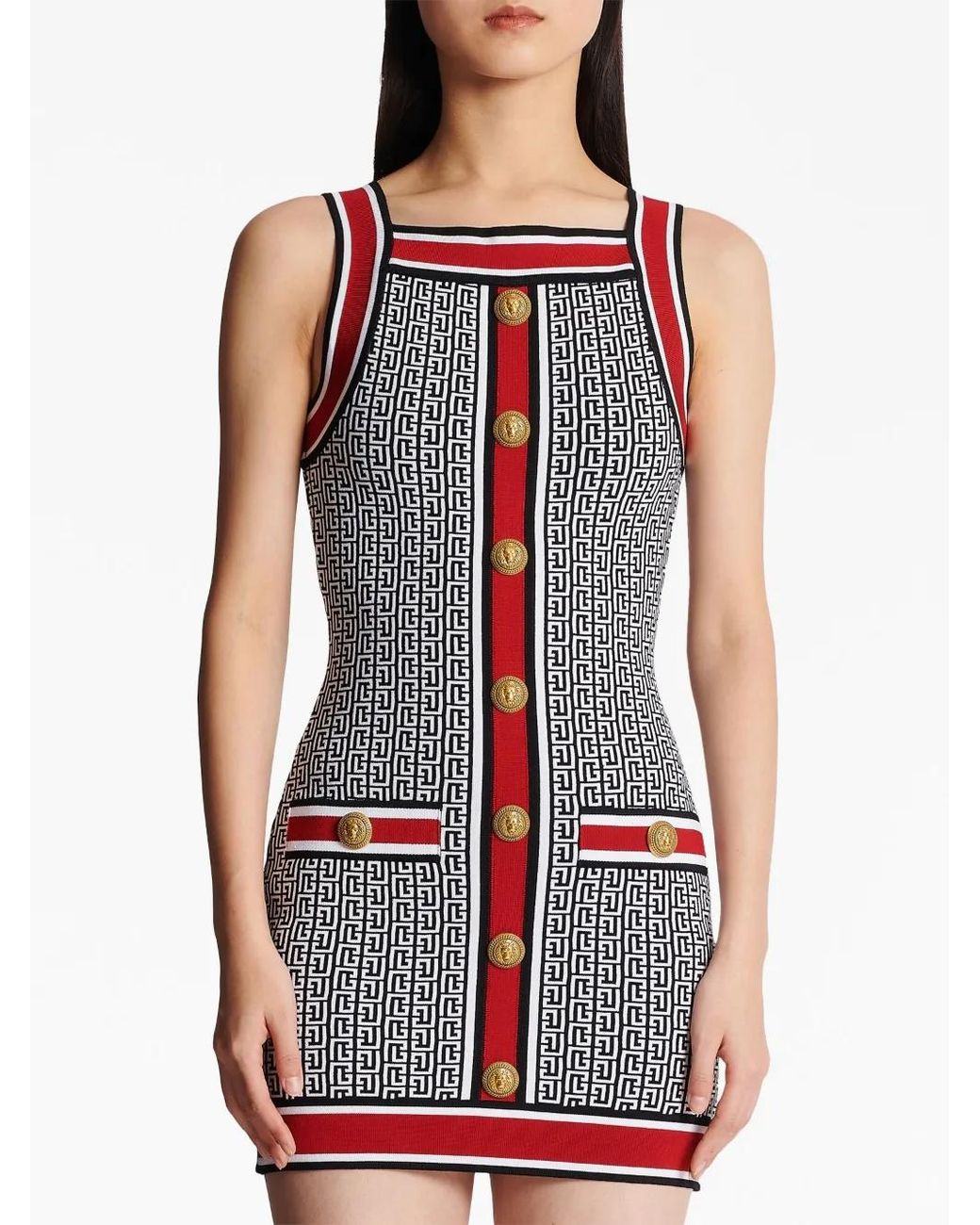 Balmain Red Button-Embellished Monogram Minidress