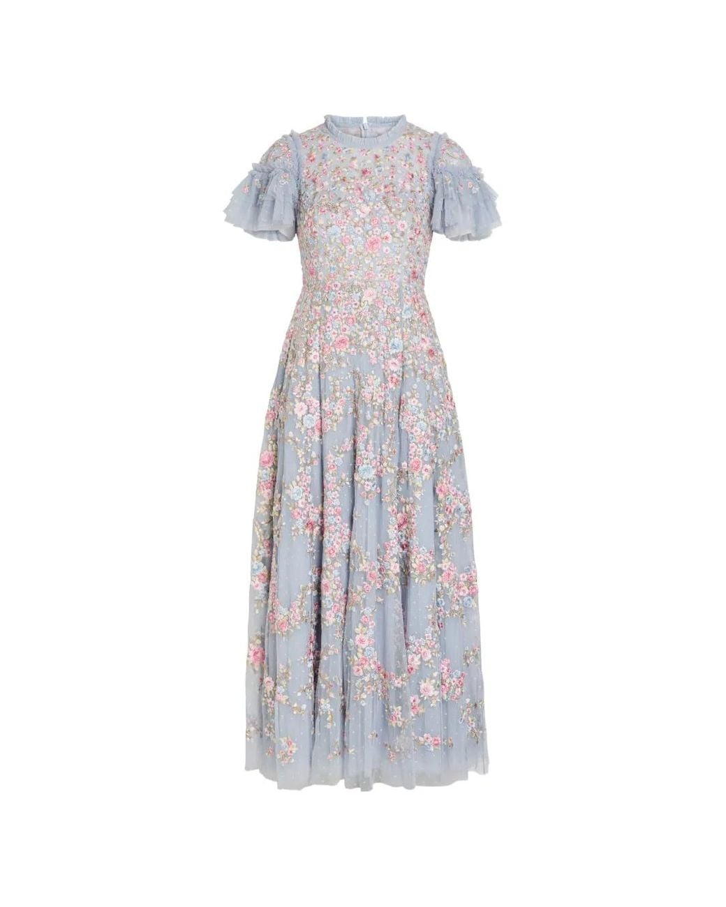 Needle & Thread White Lunaria Floral-Embroidered Ruffled Tulle Gown
