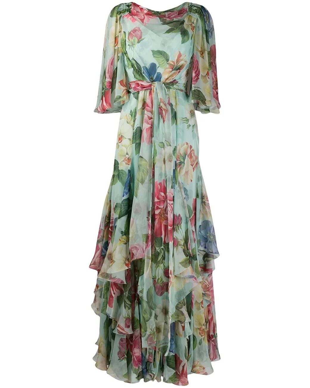 Dolce & Gabbana Green Floral Print Draped Neck Dress