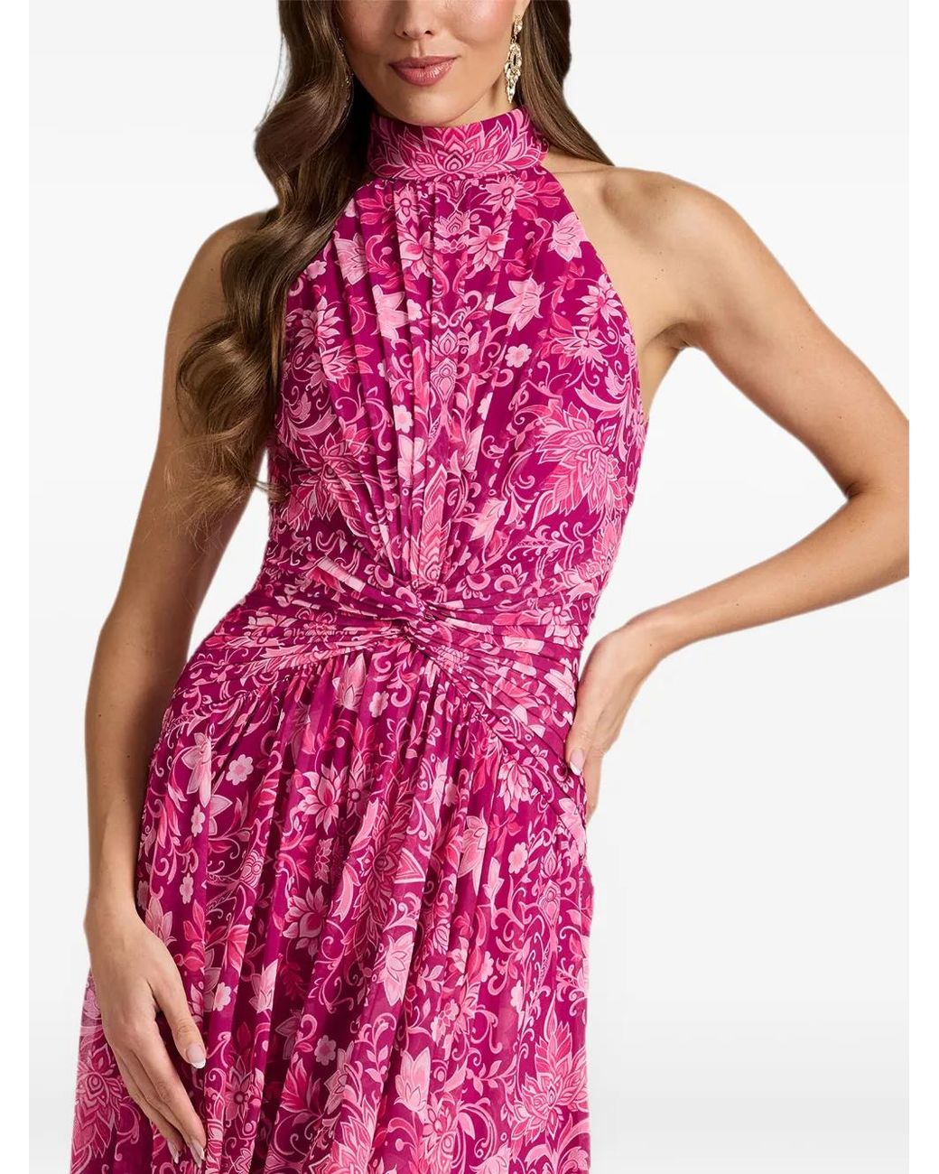 Tadashi Shoji Pink Kyrene Floral-Print Twisted-Waist Midi Dress