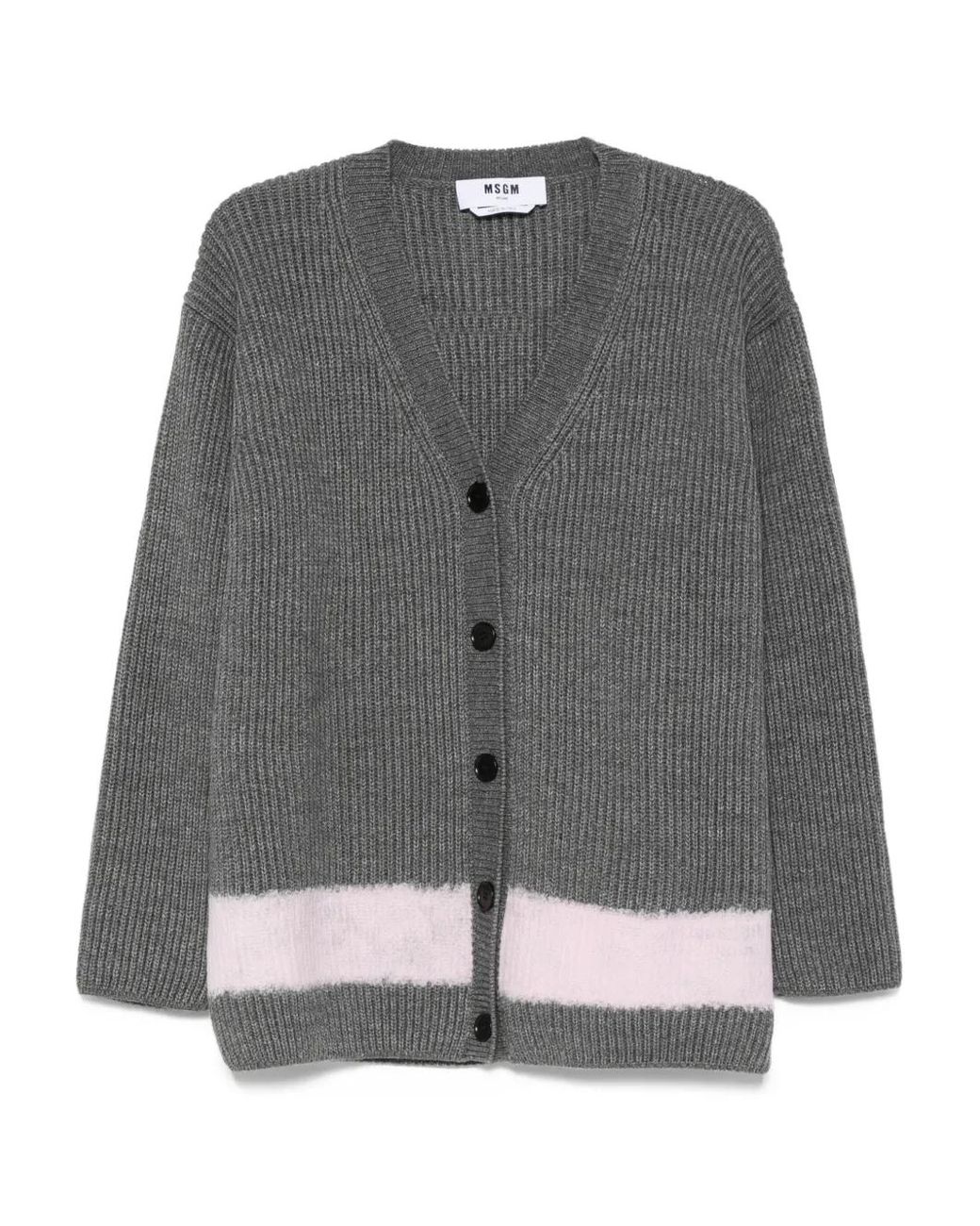 MSGM Gray Ribbed Sweater With Contrasting Hem Band