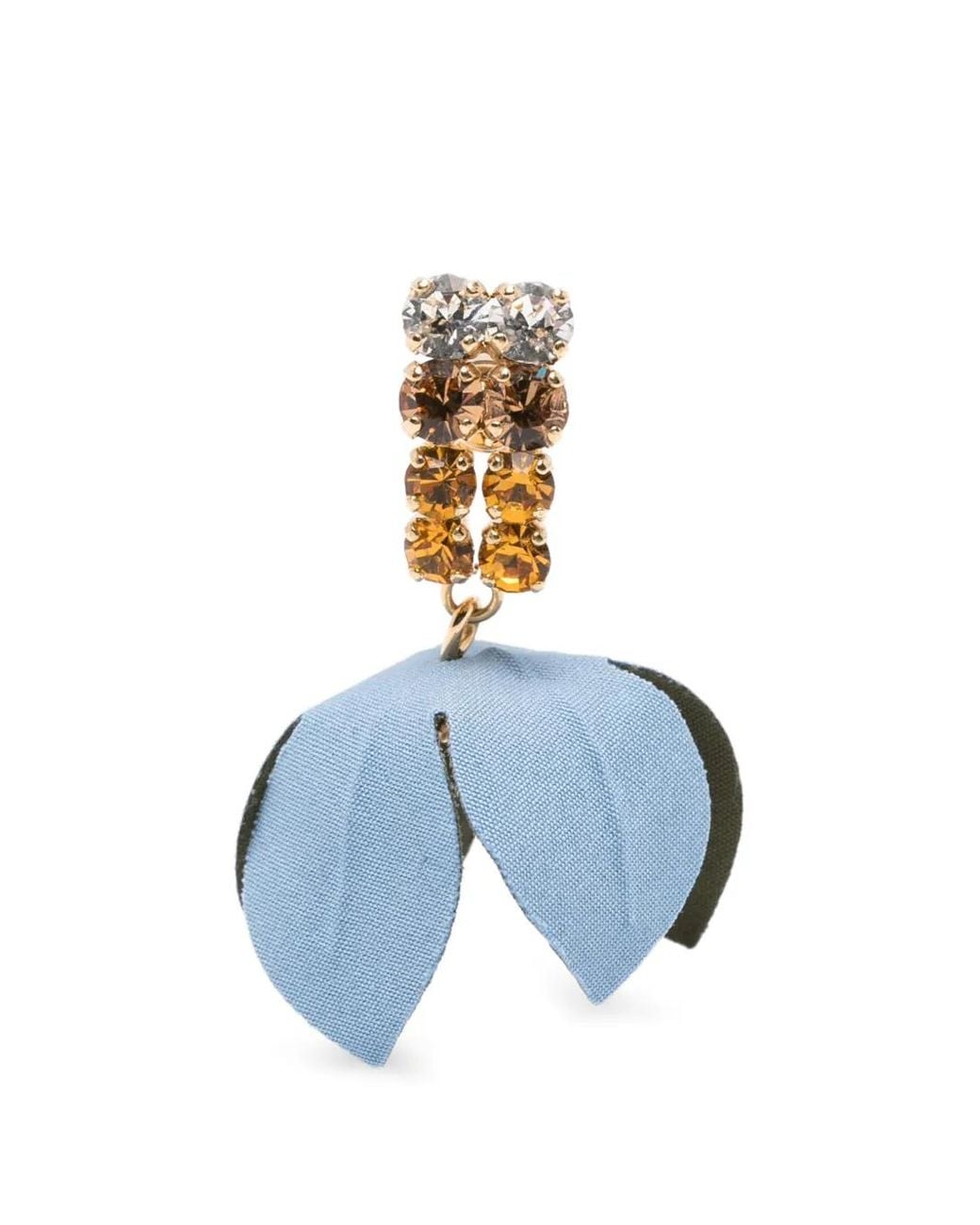 Marni Blue Poplin Flower And Rhinestone Earrings