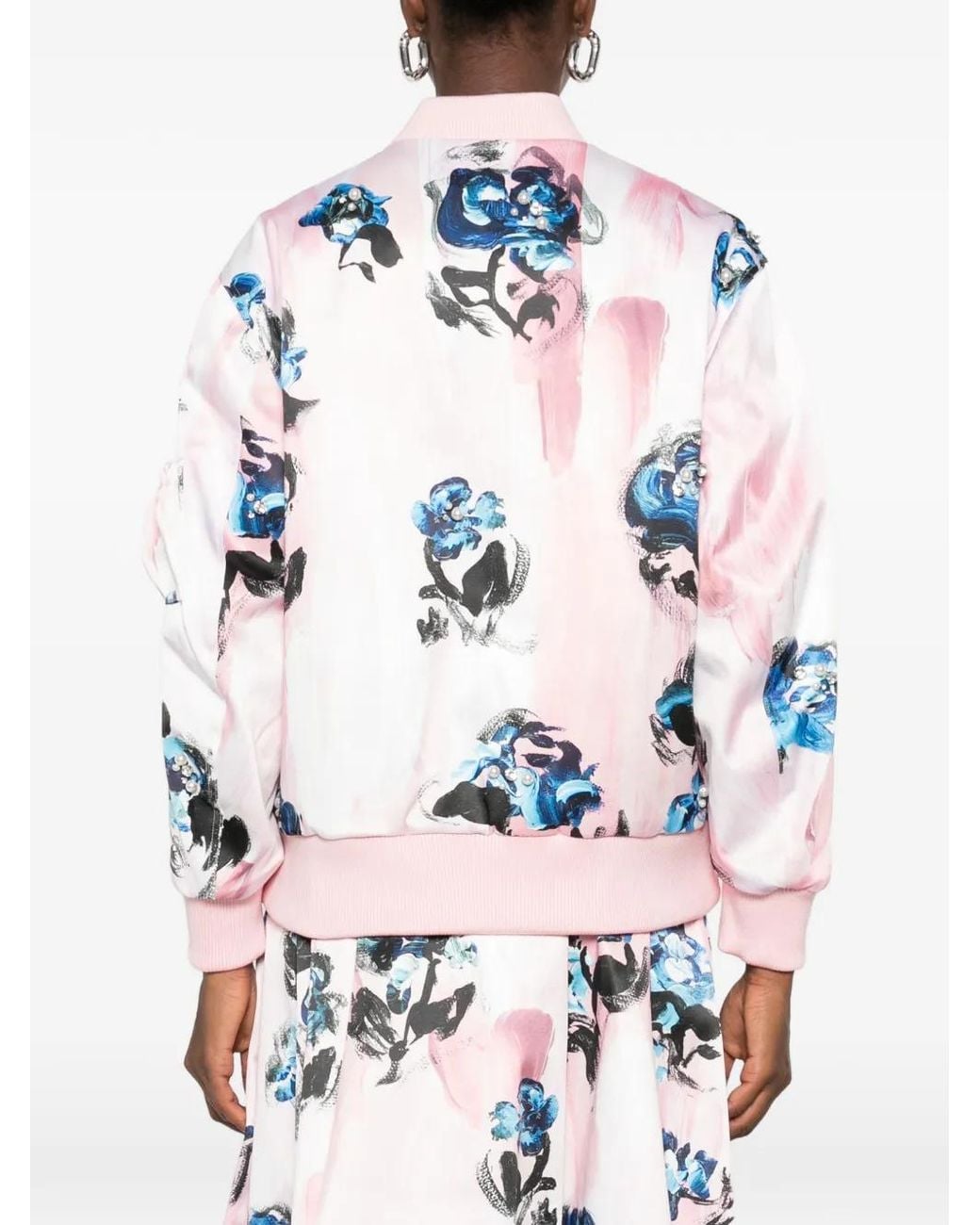 Stine Goya White Floral-Print Faux-Pearl Bomber Jacket