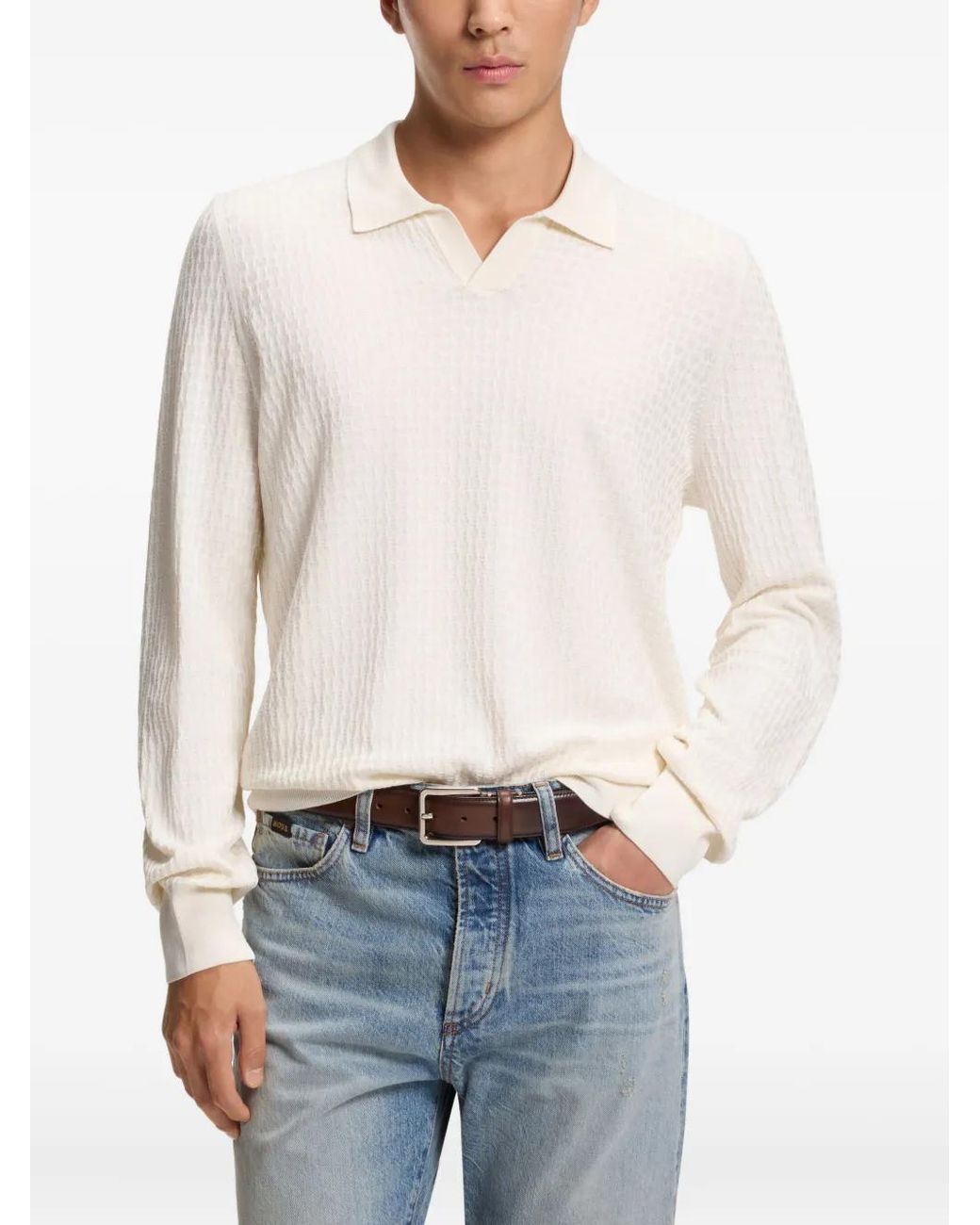 Boss White Knitted-Silk Sweater With Johnny Collar for men