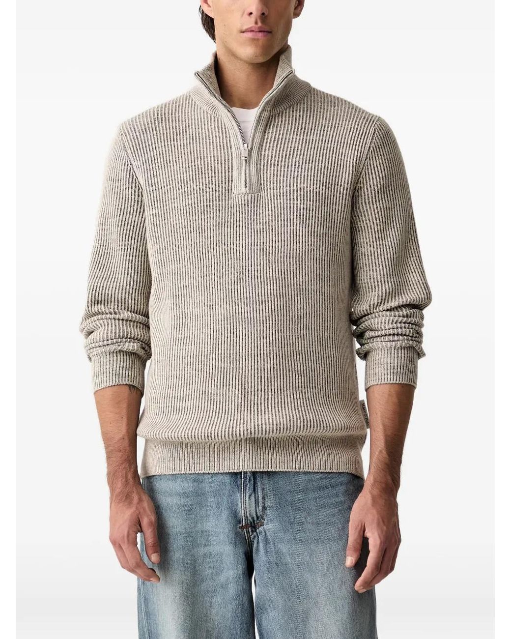 Marc O' Polo Gray Ribbed-Knit Quarter-Zip Sweater for men