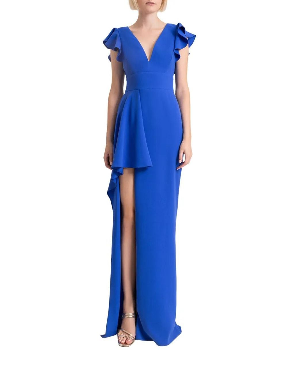 Gemy Maalouf Blue Ruffled-Sleeve Draped Dress