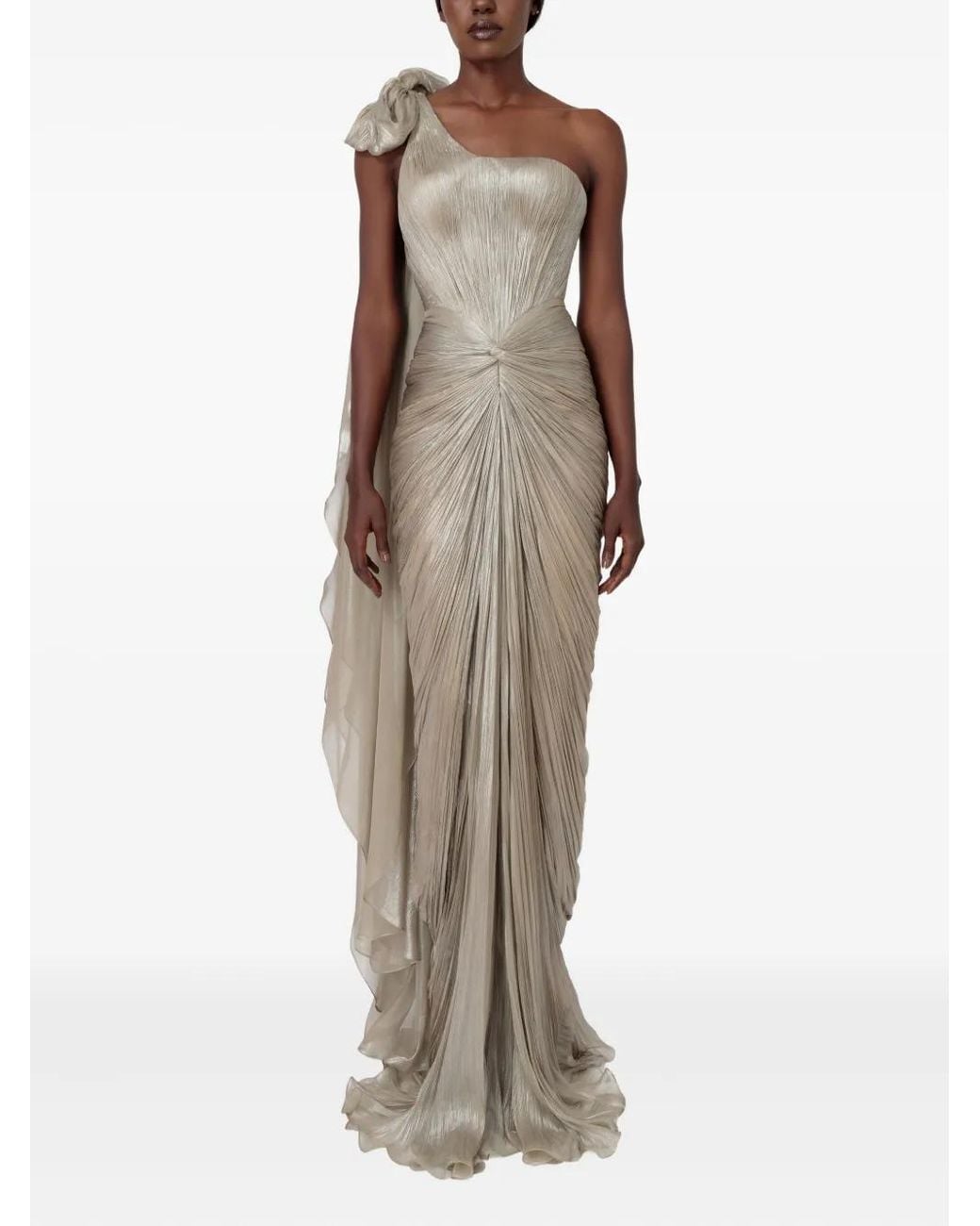 IRIS SERBAN Natural Lissa One-Shoulder Bow Maxi Dress