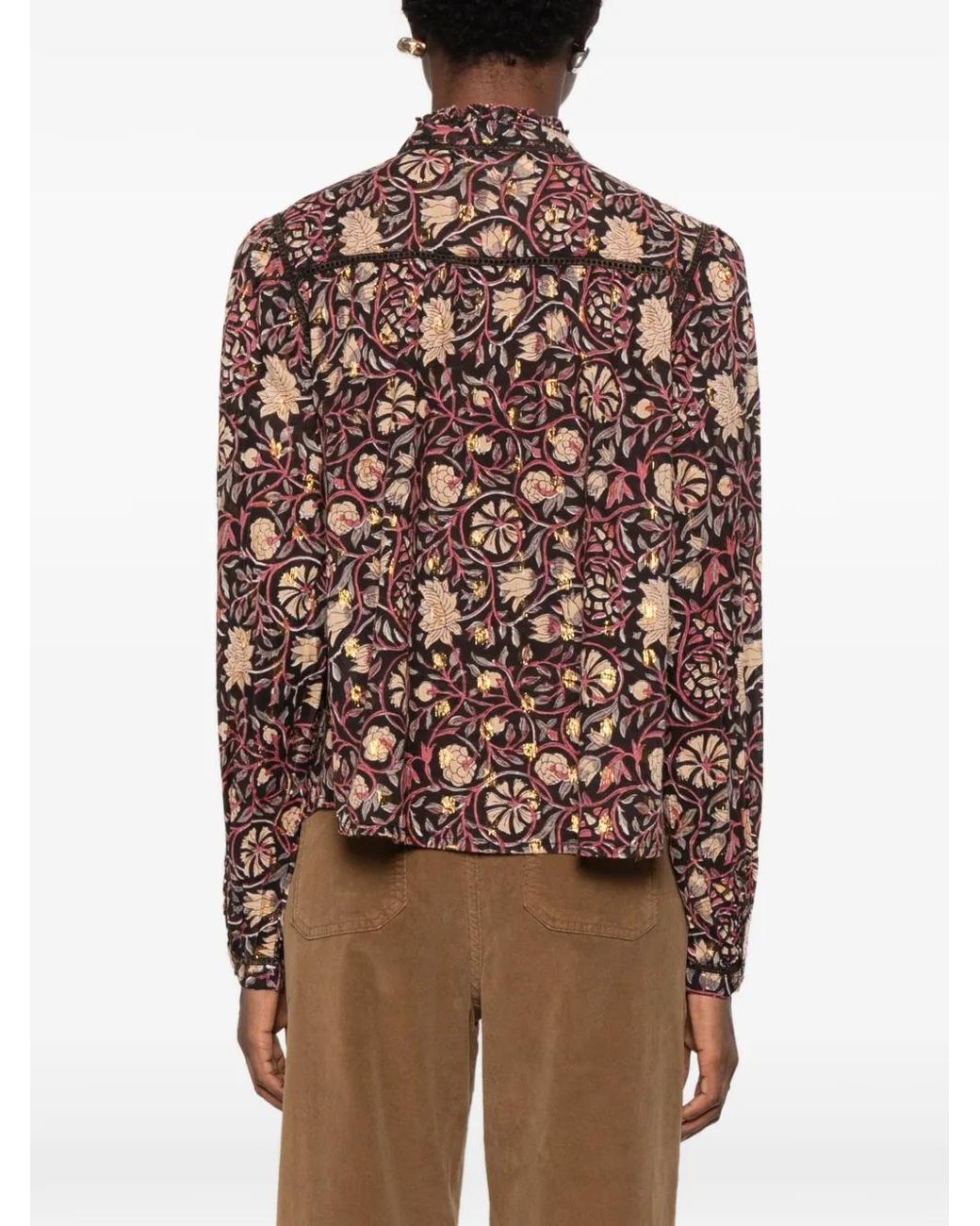 MAISON HOTEL Brown Floral-Print Ruffled Shirt