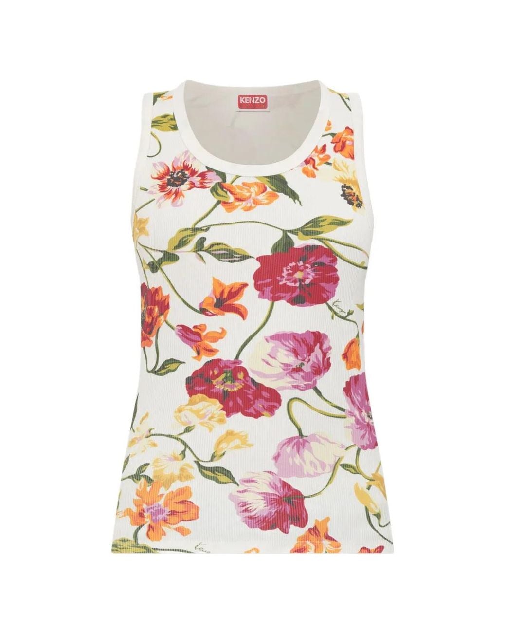 KENZO White Wildflower Floral-Motif Ribbed Top