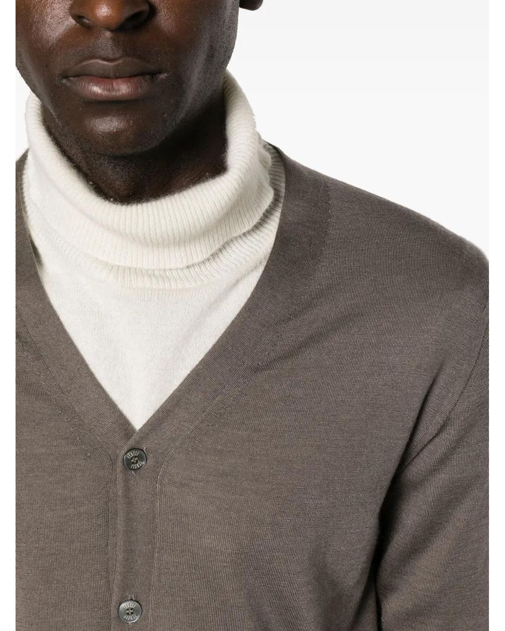 Fedeli Gray V-Neck Fine-Knit Cardigan for men